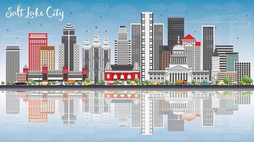 Salt Lake City Skyline with Gray Buildings, Blue Sky and Reflections. vector