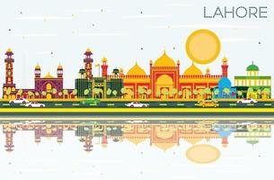 horizonte de lahore con puntos de referencia de color, cielo azul y reflejos. vector