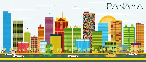 Panama Skyline with Color Buildings and Blue Sky. vector