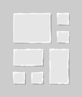 Set of torn white note. Scraps of torn paper of various shapes isolated on gray background. Vector illustration.