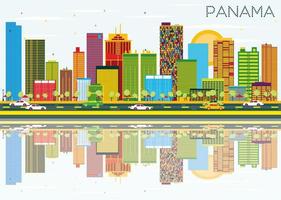 Panama Skyline with Color Buildings, Blue Sky and Reflections. vector