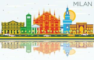 Milan Skyline with Gray Landmarks, Blue Sky and Reflections. vector