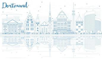 Outline Dortmund Skyline with Blue Buildings and Reflections. vector