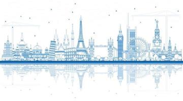 Outline Famous Landmarks in Europe with Reflections. vector