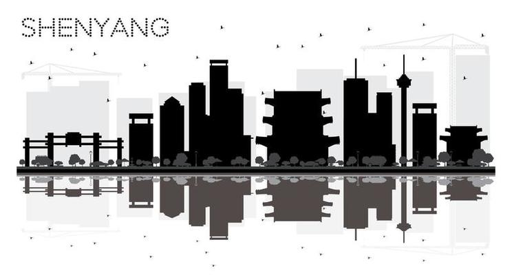 Shenyang China City skyline black and white silhouette with Reflections.