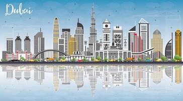 horizonte de dubai emiratos árabes unidos con edificios grises, cielo azul y reflejos. vector