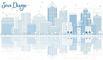 Outline San Diego Skyline with Blue Buildings and Reflections. vector