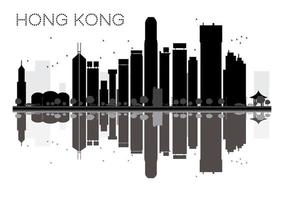 silueta en blanco y negro del horizonte de la ciudad de hong kong con reflejos. vector