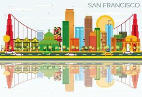 San Francisco Skyline with Color Buildings, Blue Sky and Reflections. vector