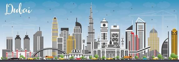 horizonte de dubai emiratos árabes unidos con edificios grises y cielo azul. vector
