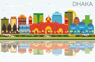 Dhaka Skyline with Color Buildings, Blue Sky and Reflections. vector