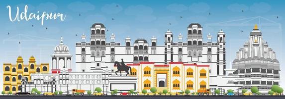 Udaipur Skyline with Color Buildings and Blue Sky. vector