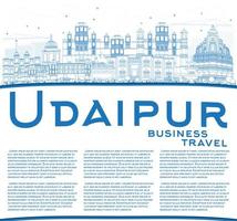 Outline Udaipur Skyline with Blue Buildings and Copy Space. vector