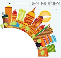 Des Moines Skyline with Color Buildings, Blue Sky and Copy Space. vector