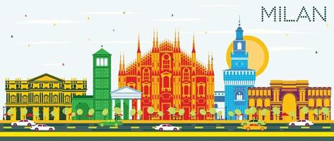 Milan Skyline with Color Landmarks and Blue Sky. vector