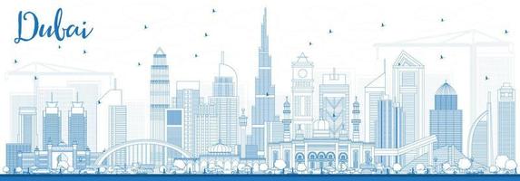 Outline Dubai UAE Skyline with Blue Buildings. vector