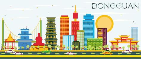 Dongguan Skyline with Color Buildings and Blue Sky. vector