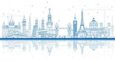 Outline Famous Landmarks in Europe with Reflections. vector