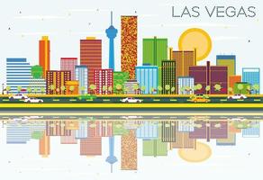 horizonte de las vegas con edificios de color, cielo azul y reflejos. vector