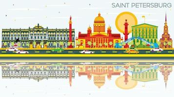 Saint Petersburg Skyline with Color Buildings, Blue Sky and Reflections. vector