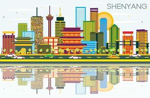 Shenyang Skyline with Color Buildings, Blue Sky and Reflections. vector