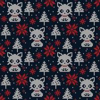 Knitted Christmas and New Year pattern in cats. Wool Knitting Sweater Design. Wallpaper wrapping paper textile print. Eps 10 vector