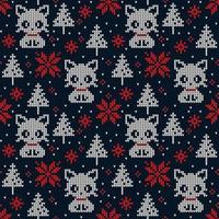 Knitted Christmas and New Year pattern in cats. Wool Knitting Sweater Design. Wallpaper wrapping paper textile print. Eps 10 vector