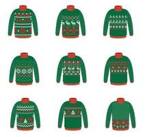 Vector ugly sweaters for Christmas party. Knitted jumpers with winter patterns esp