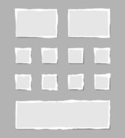 Set of torn white note. Scraps of torn paper of various shapes isolated on gray background. Vector illustration.