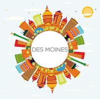 Des Moines Skyline with Color Buildings, Blue Sky and Copy Space. vector