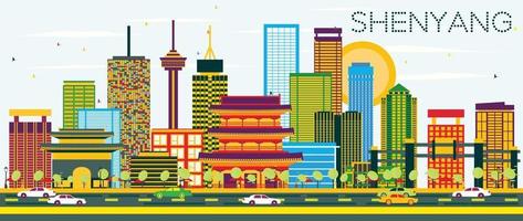 Shenyang Skyline with Color Buildings and Blue Sky. vector