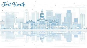 Outline Fort Worth Skyline with Blue Buildings and Reflections. vector