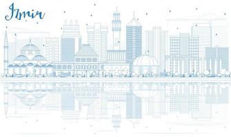 Outline Izmir Skyline with Blue Buildings and Reflections. vector