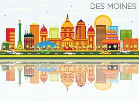 Des Moines Skyline with Color Buildings, Blue Sky and Reflections. vector