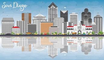 San Diego Skyline with Gray Buildings, Blue Sky and Reflections. vector