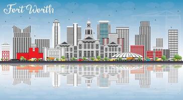 Fort Worth Skyline with Gray Buildings, Blue Sky and Reflections. vector