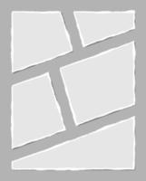 Set of torn white note. Scraps of torn paper of various shapes isolated on gray background. Vector illustration.