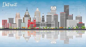 horizonte de detroit con edificios grises, cielo azul y reflejos. vector