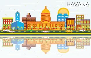 Havana Skyline with Color Buildings, Blue Sky and Reflections. vector