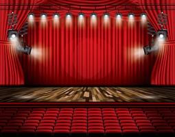 Red Stage Curtain with Spotlights, Seats and Copy Space. vector