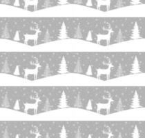 Seamless Merry Christmas pattern with deers, winter abstraction. Forest background. Endless horizontal banner with Reindeers in snow. Hand drawn paper decorative elements, vector illustration.