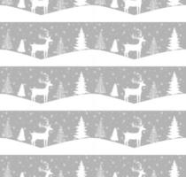 Seamless Merry Christmas pattern with deers, winter abstraction. Forest background. Endless horizontal banner with Reindeers in snow. Hand drawn paper decorative elements, vector illustration.