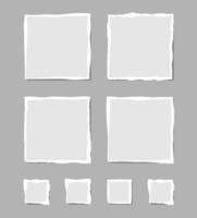 conjunto de notas blancas rotas. trozos de papel rasgado de varias formas aisladas sobre fondo gris. ilustración vectorial vector