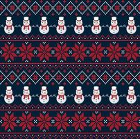 Knitted Christmas and New Year pattern in snowmen. Wool Knitting Sweater Design. Wallpaper wrapping paper textile print. Eps 10 vector