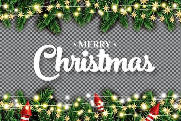 Fir Branch with Neon Lights String, Golden Stars and Rockets on Transparent Background.