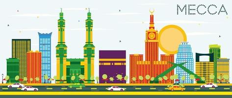 Mecca Skyline with Color Landmarks and Blue Sky. vector