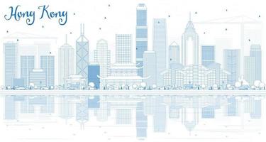 Outline Hong Kong Skyline with Blue Buildings and Reflections. vector