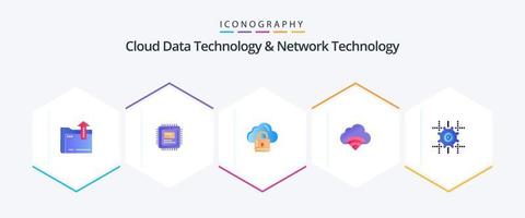 Cloud Data Technology And Network Technology 25 Flat icon pack including gear . signal. cloud. wifi. cloud vector