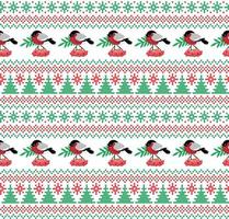 Knitted Christmas and New Year pattern in bullfinch. Wool Knitting Sweater Design. Wallpaper wrapping paper textile print. Eps 10 vector