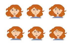 Set of female facial emotions. Emoticon of a charming woman with different expressions. Vector illustration in cartoon style.